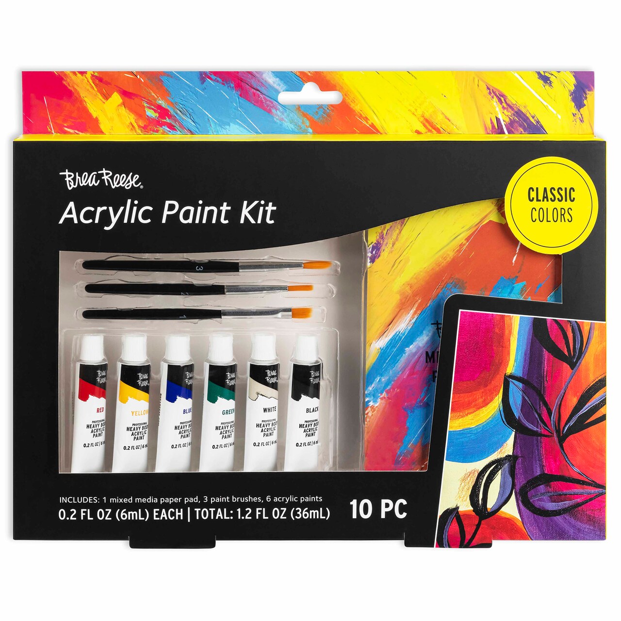 Brea Reese: Acrylic Paint Kit - Classic Colors - 10pc Art Set, 3 Brushes, 6 Paint Tubes, Paper Pad, Rich Pigment-Heavy Body, Adult Craft Supplies Kit